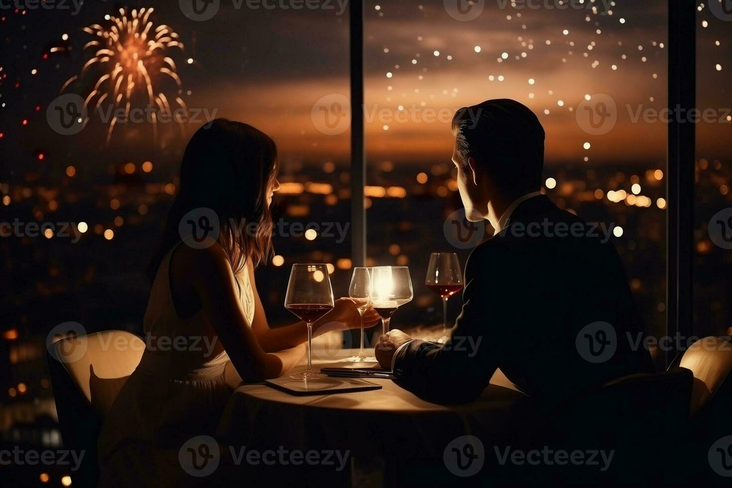 ai generato coppia incontri nel ristorante, nuovo anni giorno celebrazione fuochi d'artificio foto