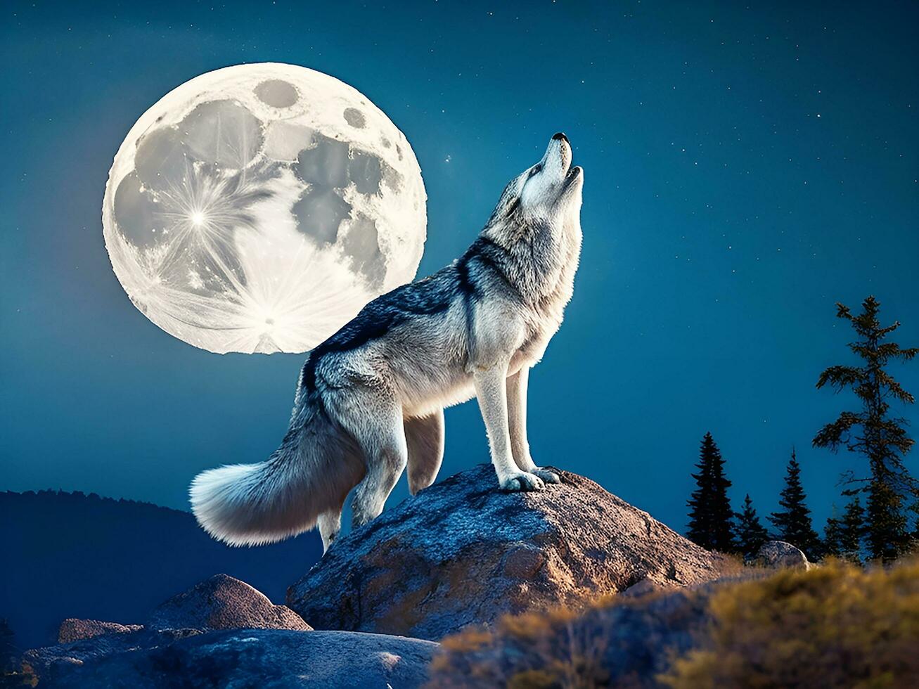 ai generato ululato lupo contro il pieno Luna sfondo e il natura selvaggia neurale Rete ai generato foto