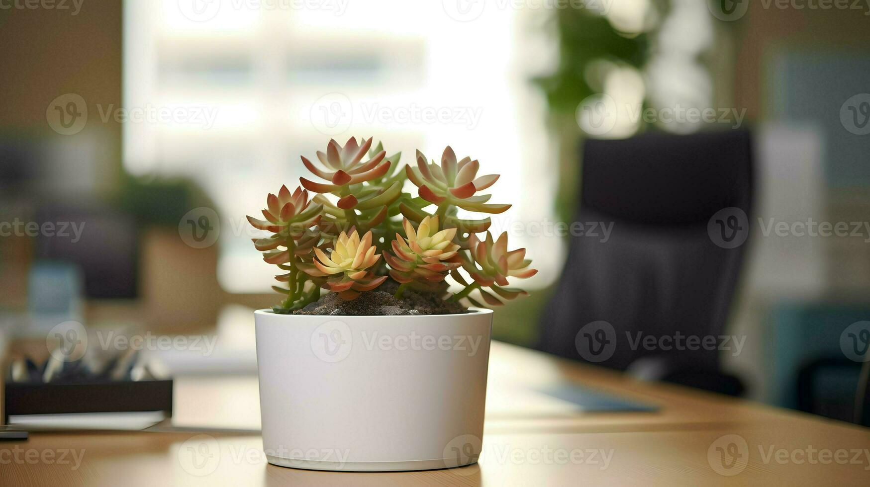 ai generato fiore pentola su un' ufficio scrivania, succulento cactus vaso, generativo ai foto