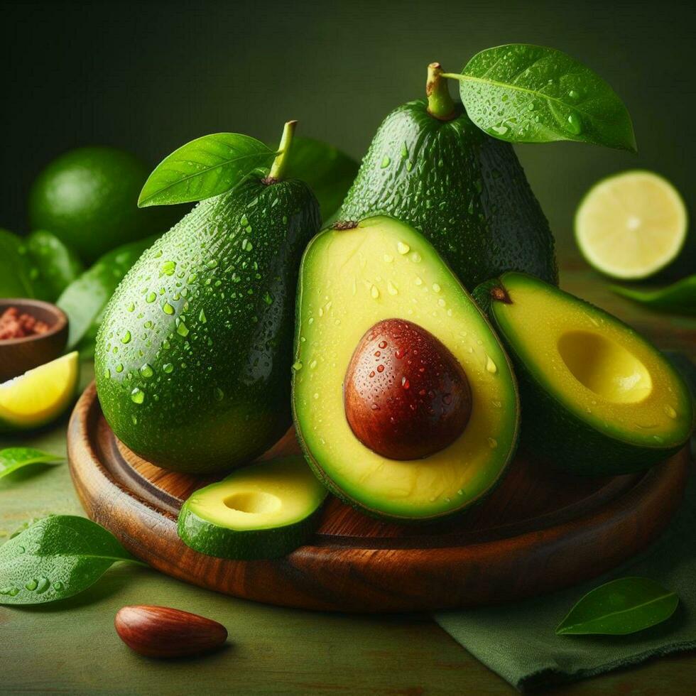 ai generato avocado con gocce acqua, maturo avocado, fetta avocado foto