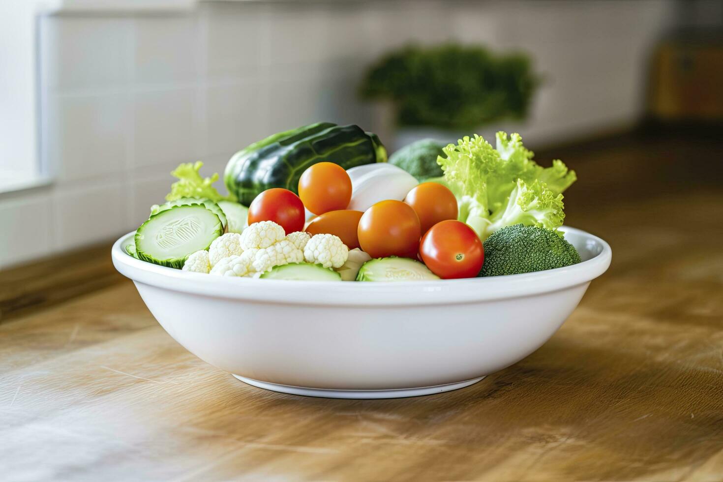 ai generato cucina ancora vita con bianca ciotola di lavato verdure su di legno scrivania. ai generato foto