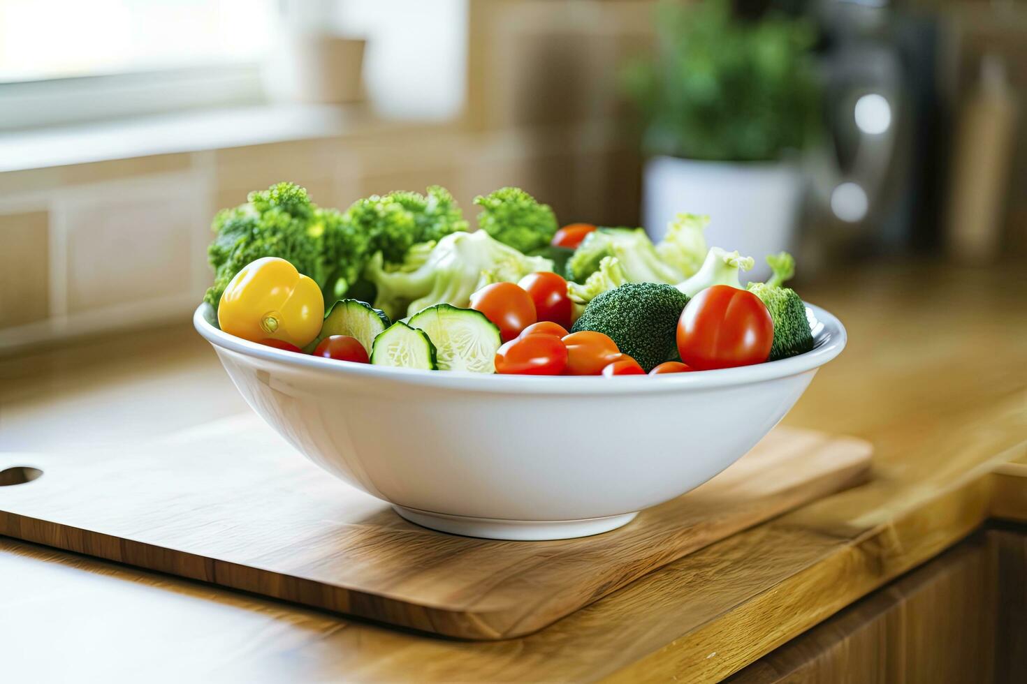 ai generato cucina ancora vita con bianca ciotola di lavato verdure su di legno scrivania. ai generato foto