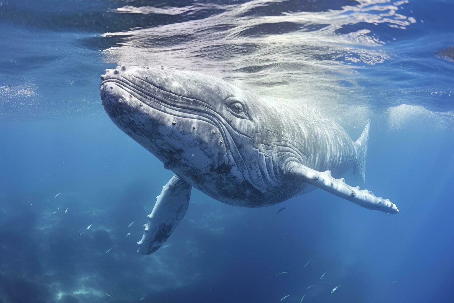 ai generato giovane gobba balena nel blu acqua. ai generato foto