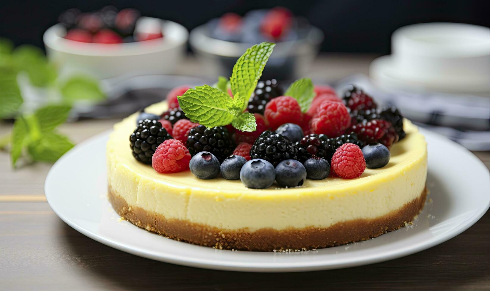 ai generato Limone torta di formaggio con fresco frutti di bosco. ai generato foto