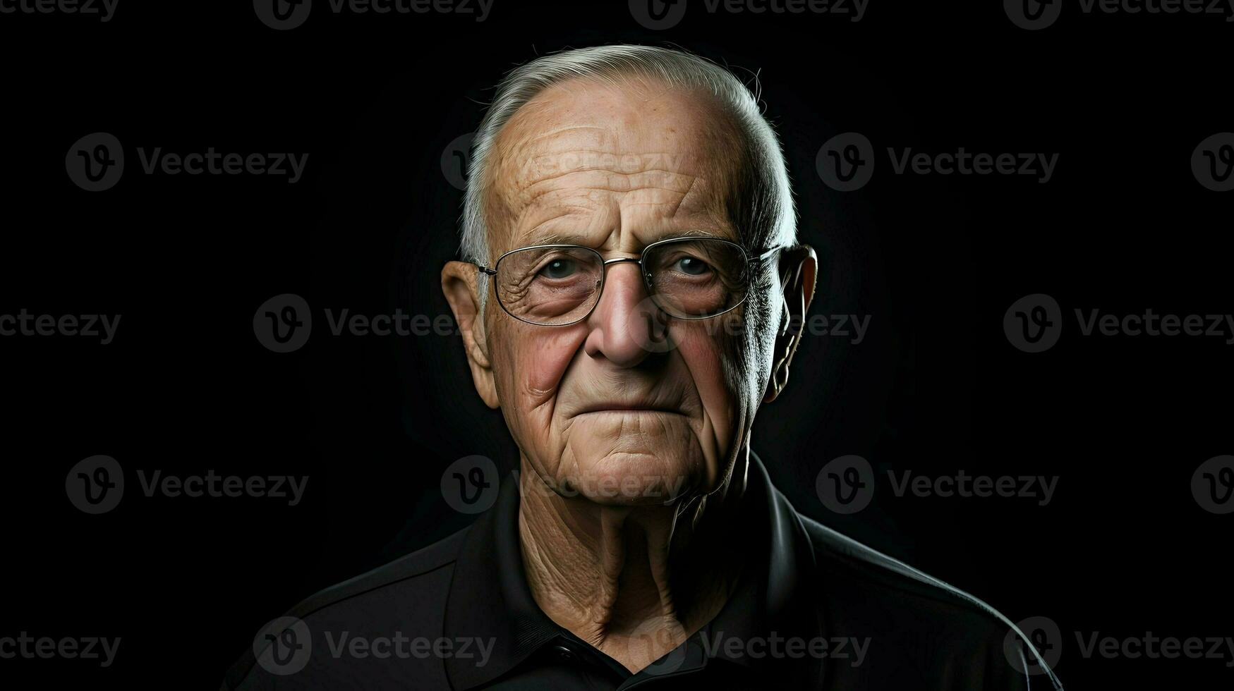 ai generato un' ritratto di un vecchio lunatico uomo con buio Marrone occhi con bicchieri su un' buio sfondo. alto qualità. ai generativo foto