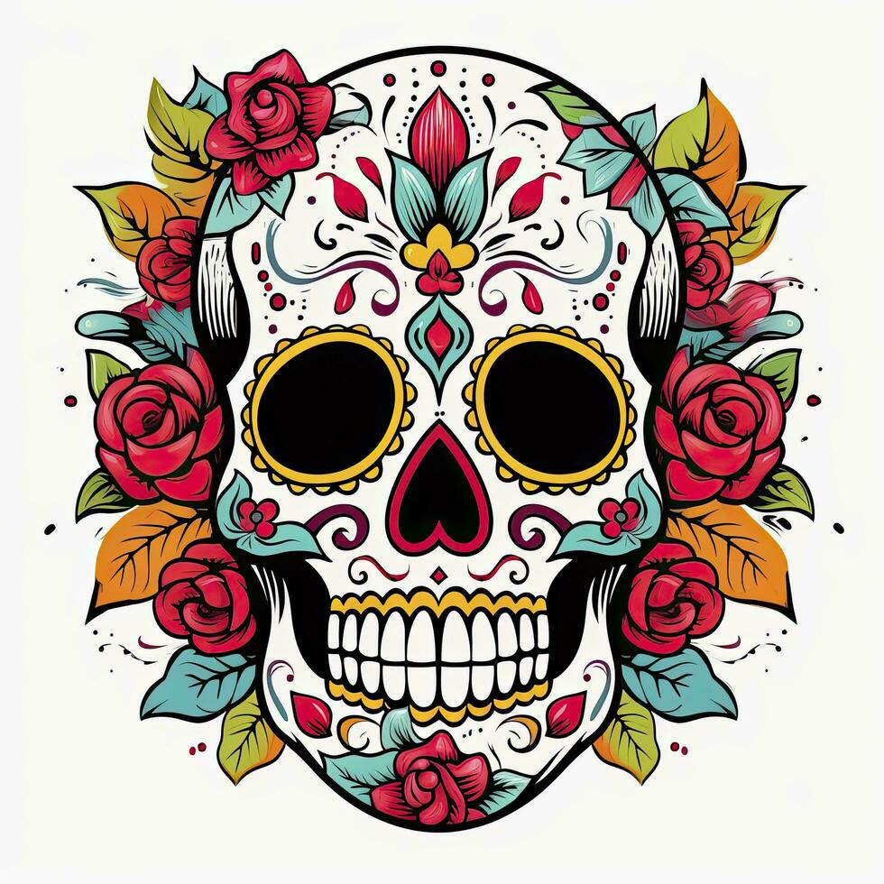 ai generato messicano Rose cranio. messicano Rose cranio. dia de los muertos shugar colorato testa. ai generato foto