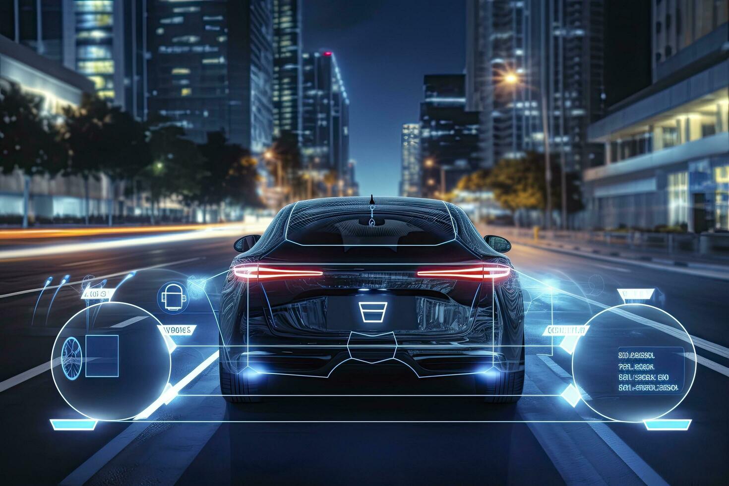 ai generato moderno inteligente auto tecnologia intelligente sistema utilizzando teste su Schermo hud autonomo se stesso guida modalità veicolo su città strada con grafico sensore radar segnale sistema intelligente macchina. foto