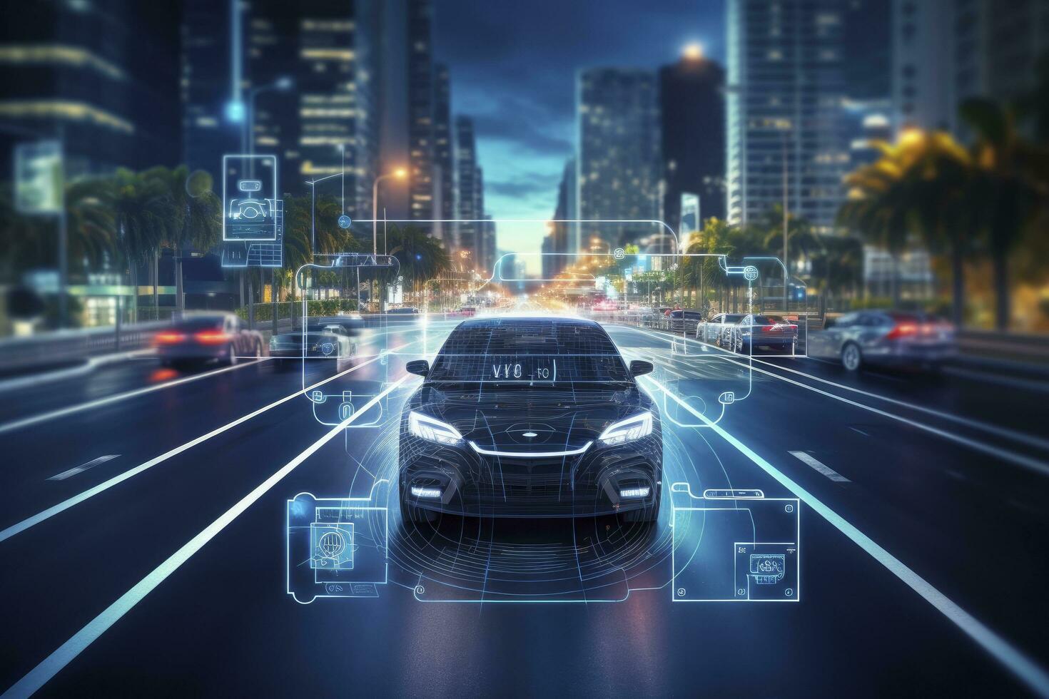 ai generato moderno inteligente auto tecnologia intelligente sistema utilizzando teste su Schermo hud autonomo se stesso guida modalità veicolo su città strada con grafico sensore radar segnale sistema intelligente macchina. foto