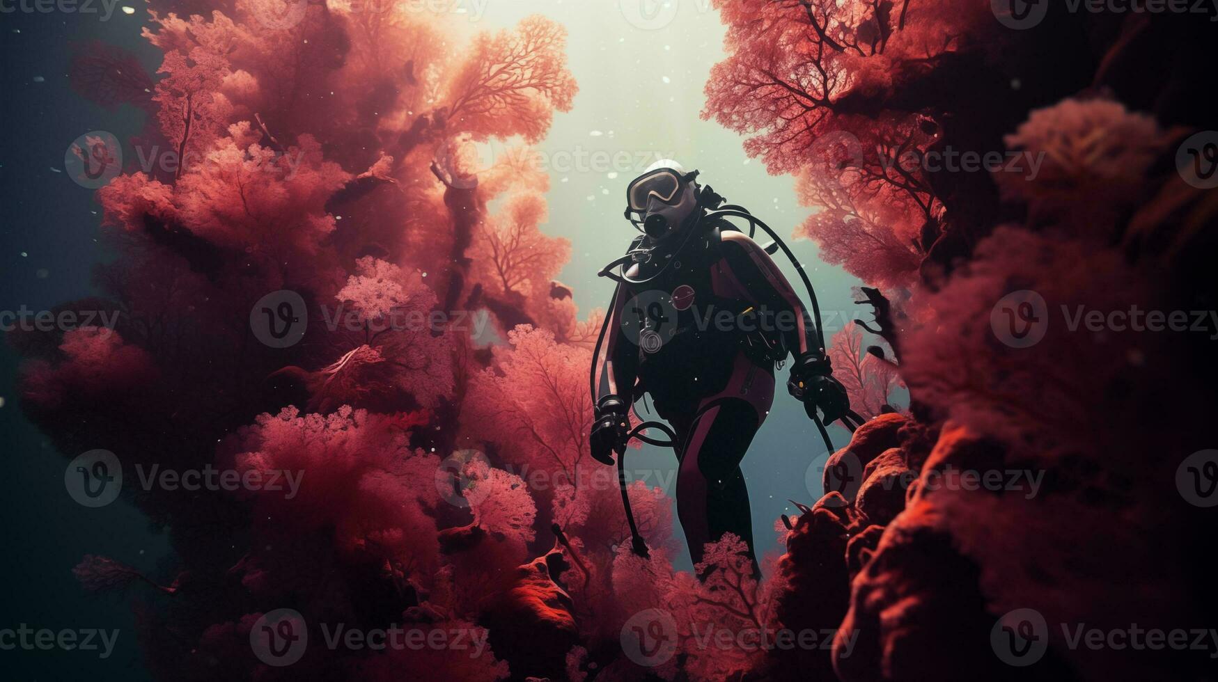 ai generato autorespiratore tuffatore esplorando corallo scogliera ai generato foto