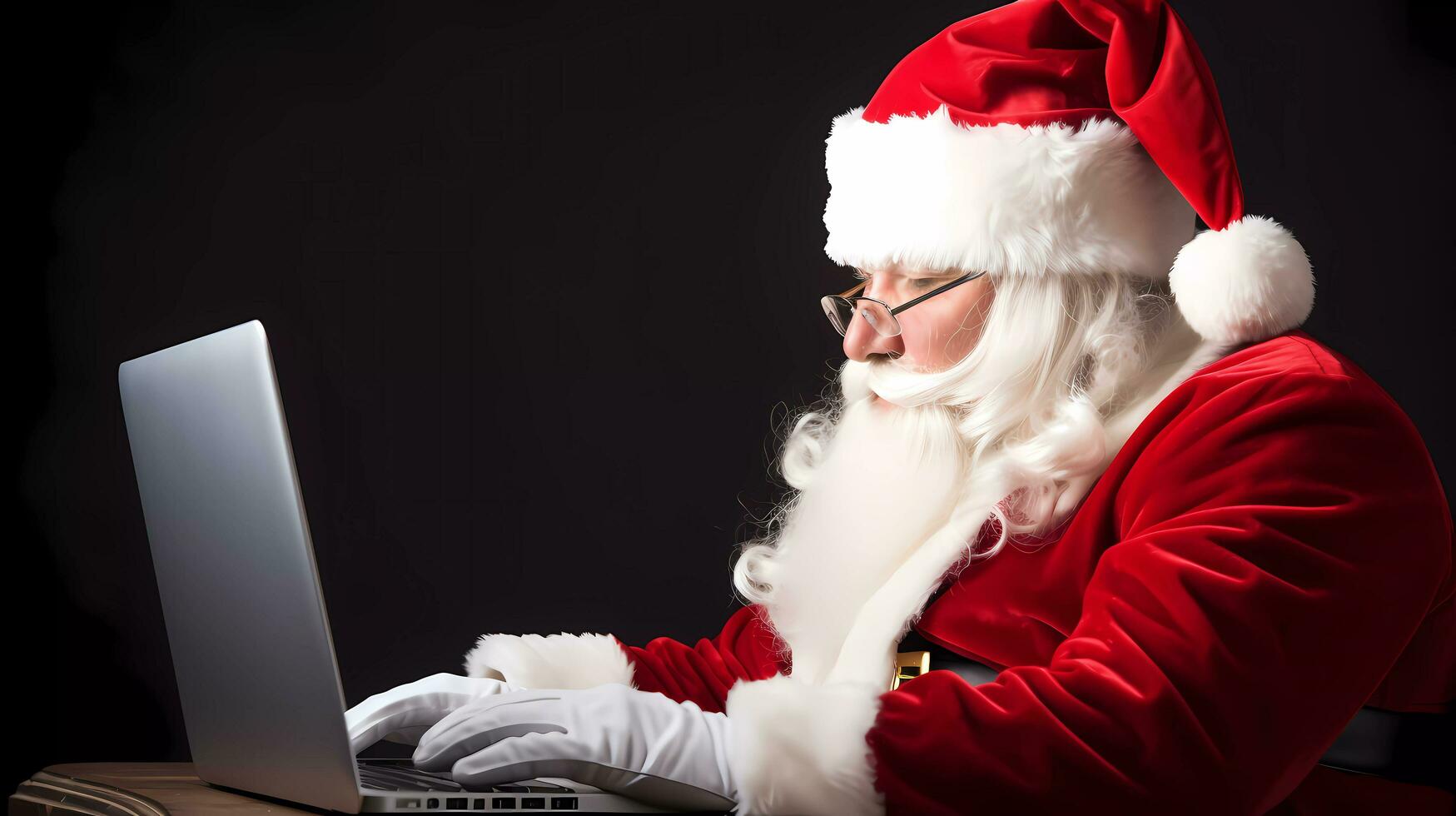 ai generato foto di Santa Claus sedersi e utilizzando il computer portatile per prendere ordine in linea. vacanza umore. promozione per sociale media o in linea negozio