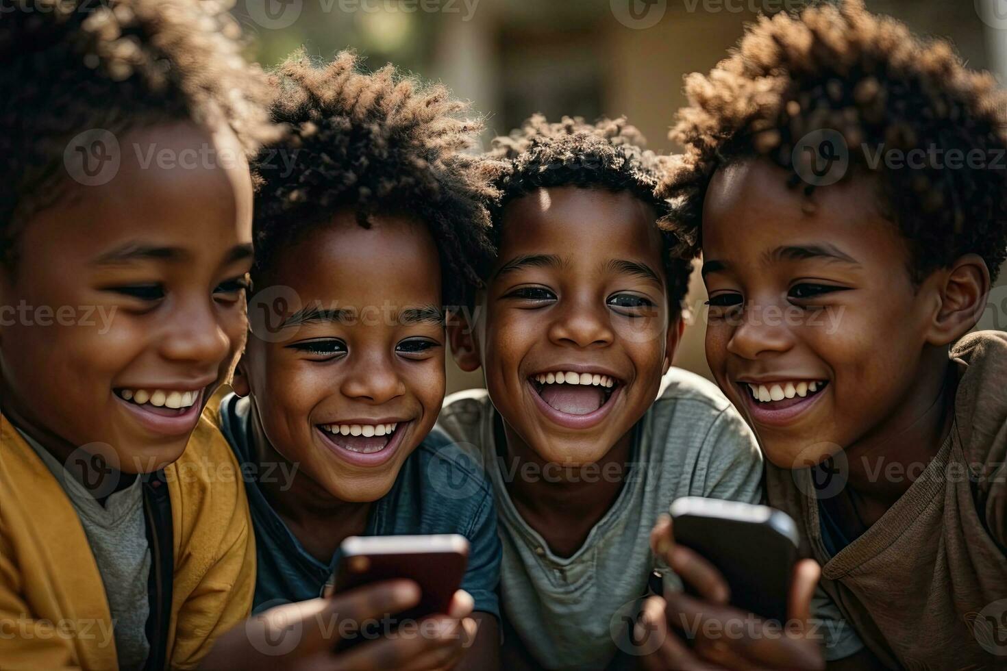 ai generato bambini godendo il eccitazione di utilizzando un' cellulare foto