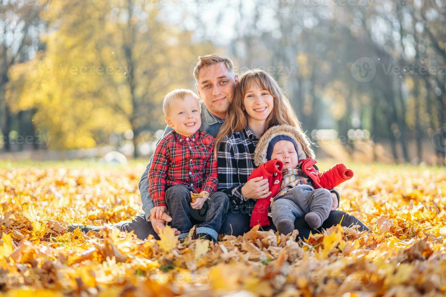 un' giovane famiglia si siede nel il parco su un' frondoso, soleggiato autunno giorno. foto