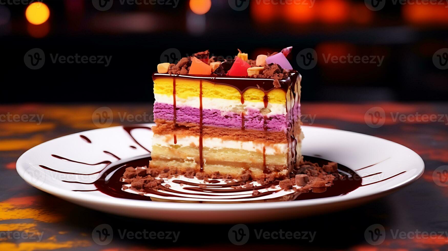 ai generato Visualizza di un' cibo ristorante ha un' bellissimo delizioso Tiramisù colorato torta su un' piatto foto