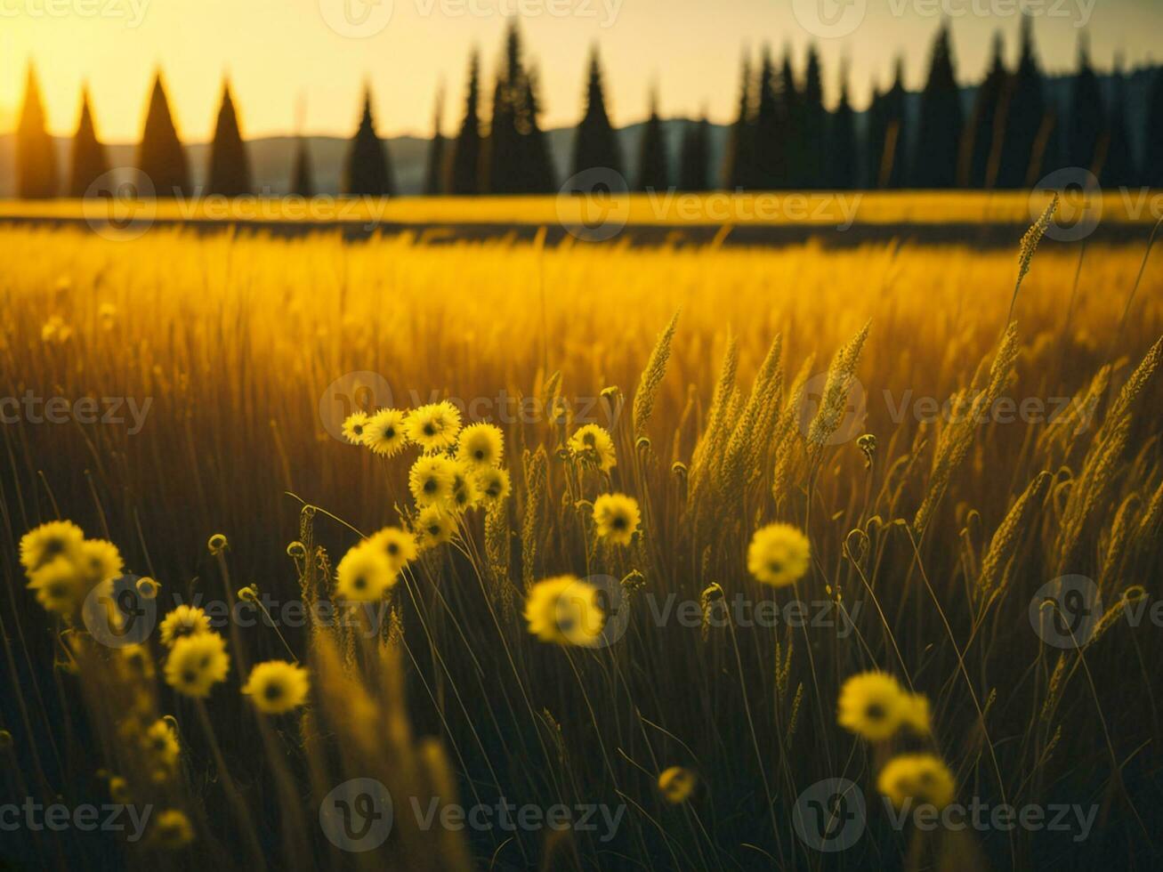 ai generato raggiante i campi di inverno morbido messa a fuoco tramonto prato con giallo fiori della natura abbraccio. un' sinfonia di colori caldo inverno tramonto prato con astratto morbido messa a fuoco natura armonia. foto