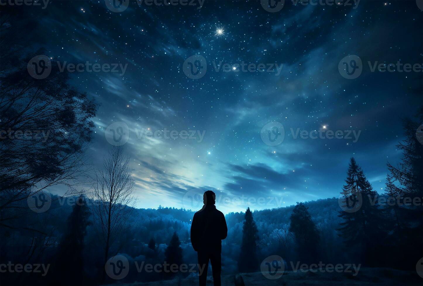 ai generato calma mezzanotte avventure, lungo esposizione tiro di un' uomo fissando su in il notte cielo foto