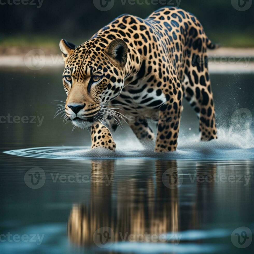 ai generato un' leopardo a piedi attraverso acqua con erba e canne nel il sfondo foto