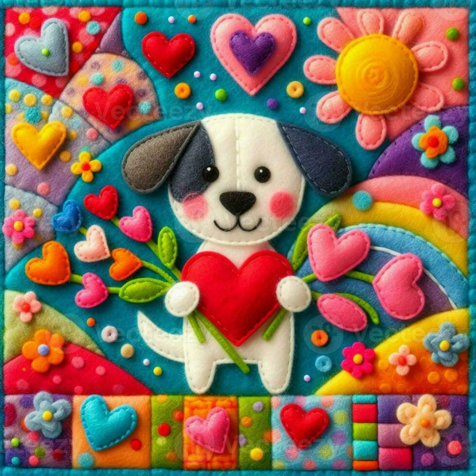 ai generato carino cane con cuore. San Valentino carta con romantico animale nel provato arte patchwork trapunta, colorato espressionista stile foto