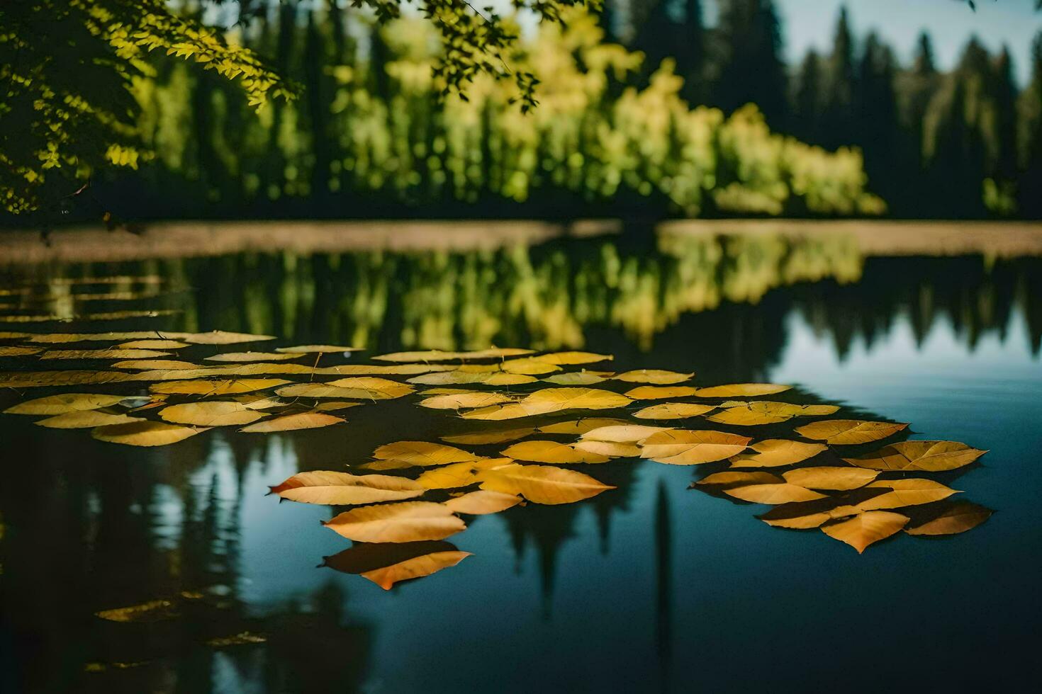 ai generato autunno le foglie galleggiante su il acqua nel un' foresta foto