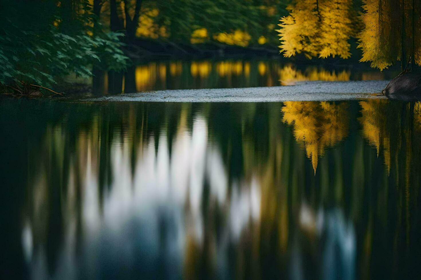 ai generato un' fiume nel il mezzo di un' foresta con alberi nel il sfondo foto