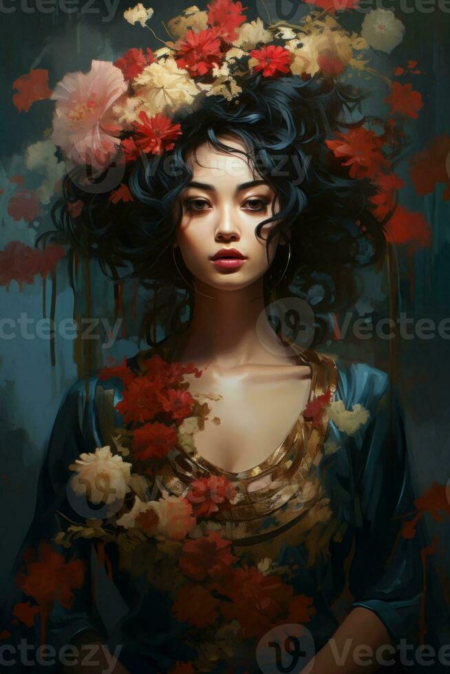 ai generato un' pittura di un' donna con fiori nel sua capelli, ai foto