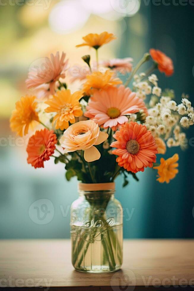 ai generato un' vaso pieno con arancia e bianca fiori, ai foto