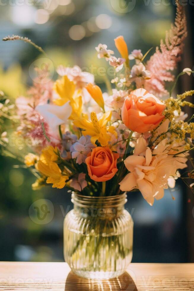 ai generato un' vaso pieno con fiori seduta su superiore di un' di legno tavolo, ai foto