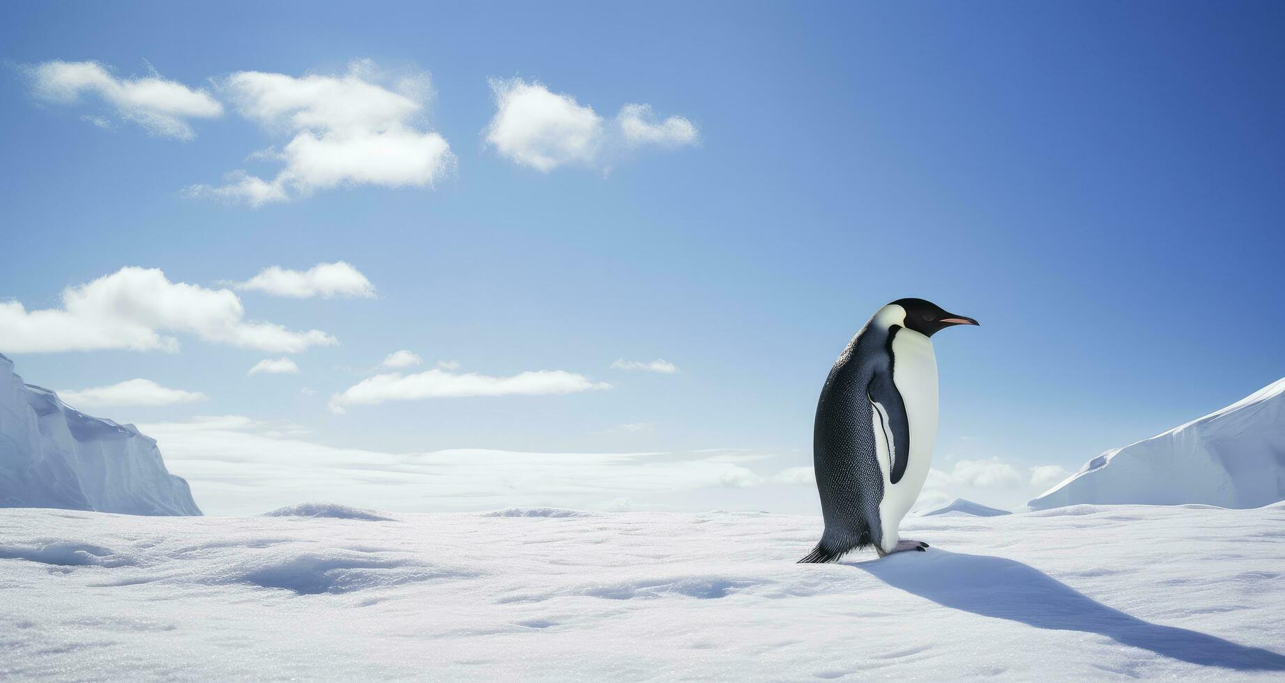 ai generato pinguino in piedi nel Antartide guardare in il blu cielo. ai generato foto