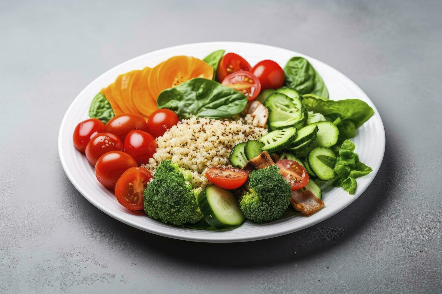 ai generato insalata con quinoa, spinaci, broccoli, pomodori, cetrioli e carote. ai generato foto