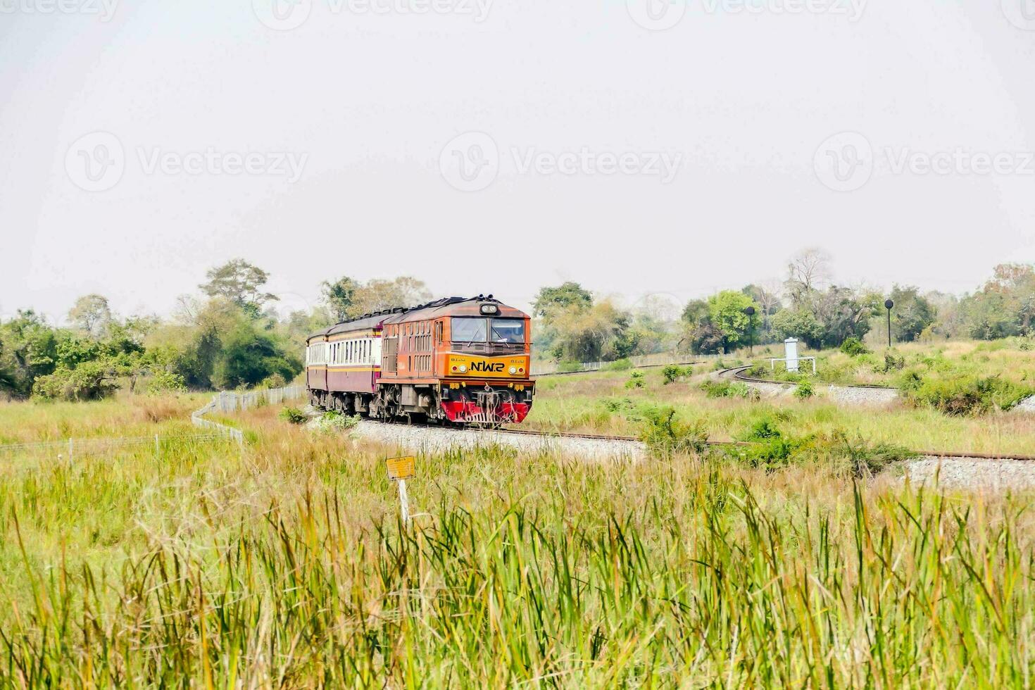 un arancia treno in viaggio attraverso un' erboso campo foto