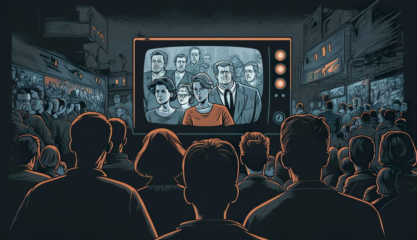 ai generato persone folla Guardando tv. tv dipendenza, propaganda e falso notizia concetto. generativo ai foto