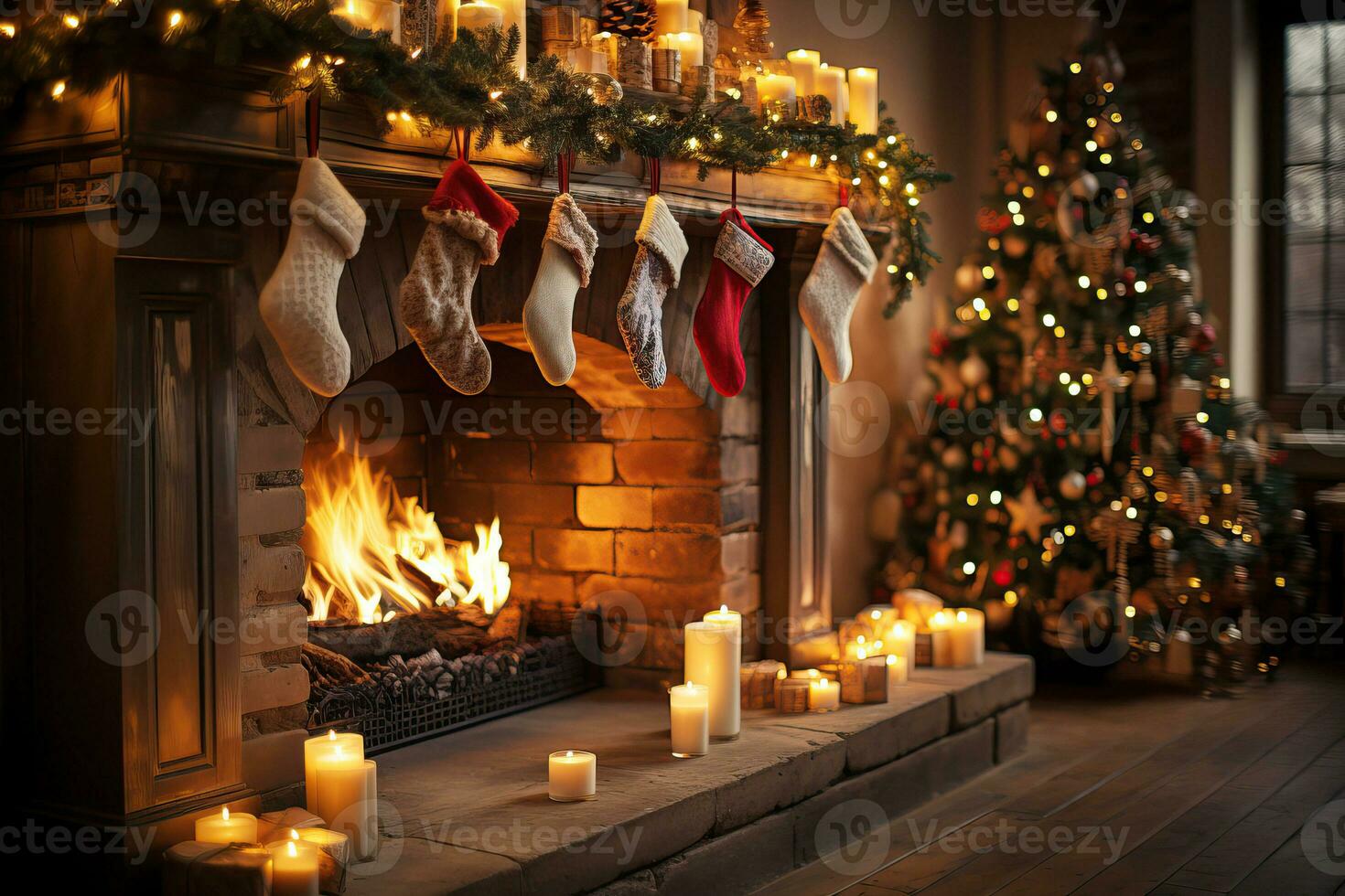 ai generato camino decorato con Vintage ▾ stile Natale calze autoreggenti, retrò ghirlande, Vintage ▾ camino con scoppiettante fuoco foto