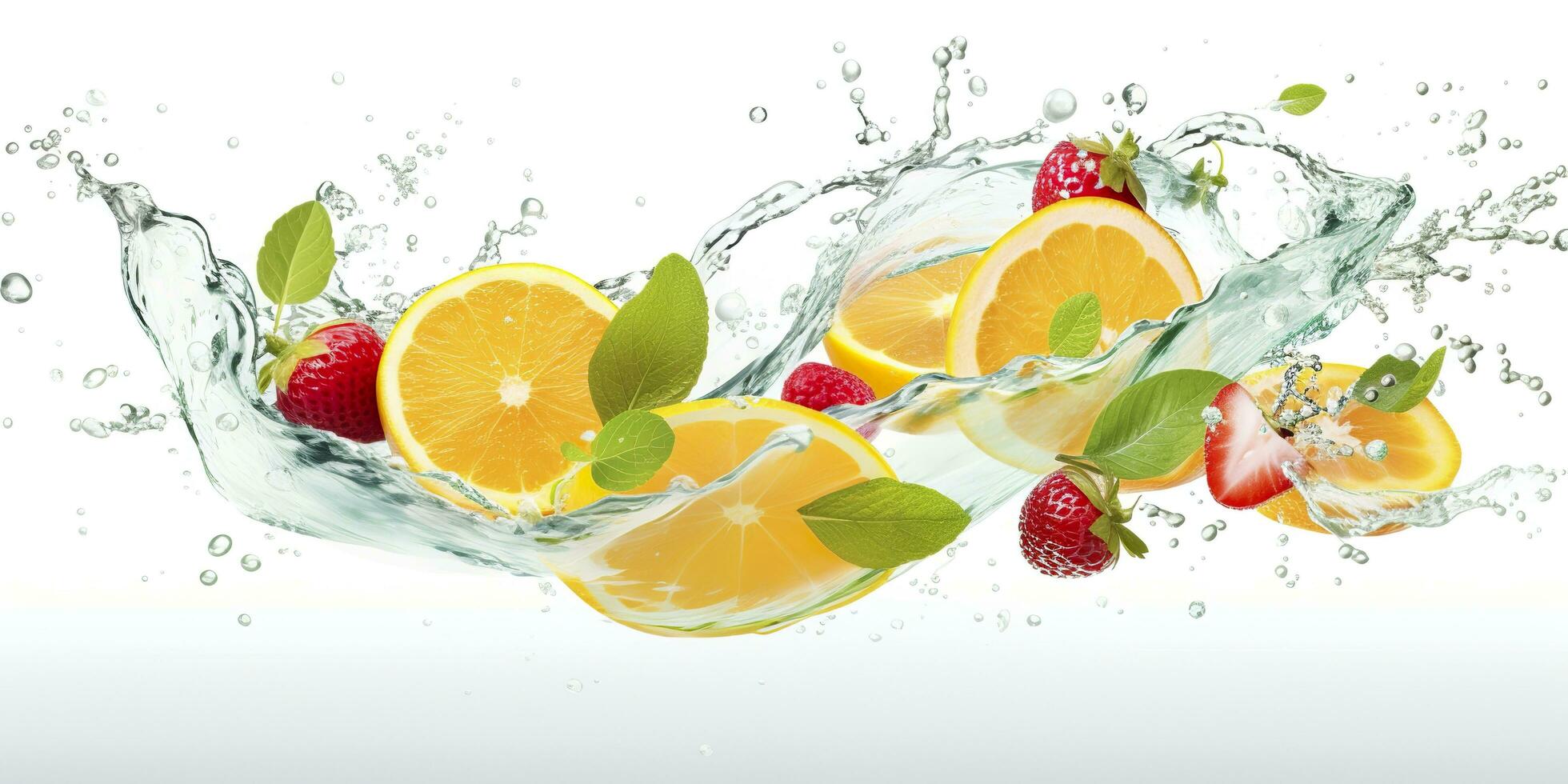 ai generato turbine acqua spruzzo con frutta. liquido flusso con ghiaccio cubi e un' mescolare di fresco frutta. generativo ai foto