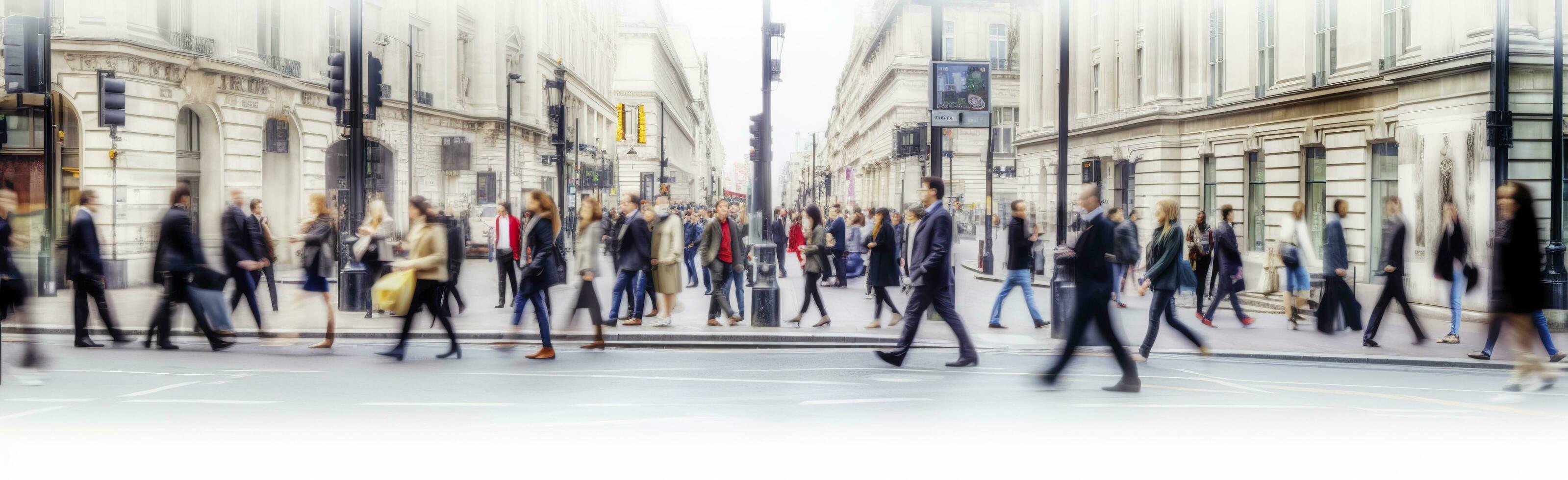 ai generato a piedi persone sfocatura. molte di persone camminare nel il città di Londra. largo panoramico Visualizza di persone attraversamento il strada. ai generato foto