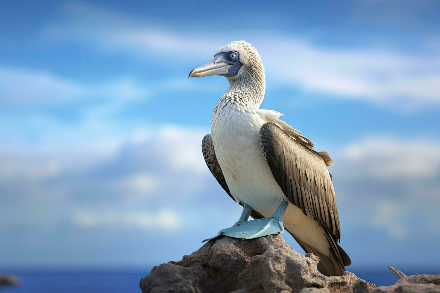 ai generato il raro dai piedi azzurri tonto riposa su il spiaggia. ai generato foto