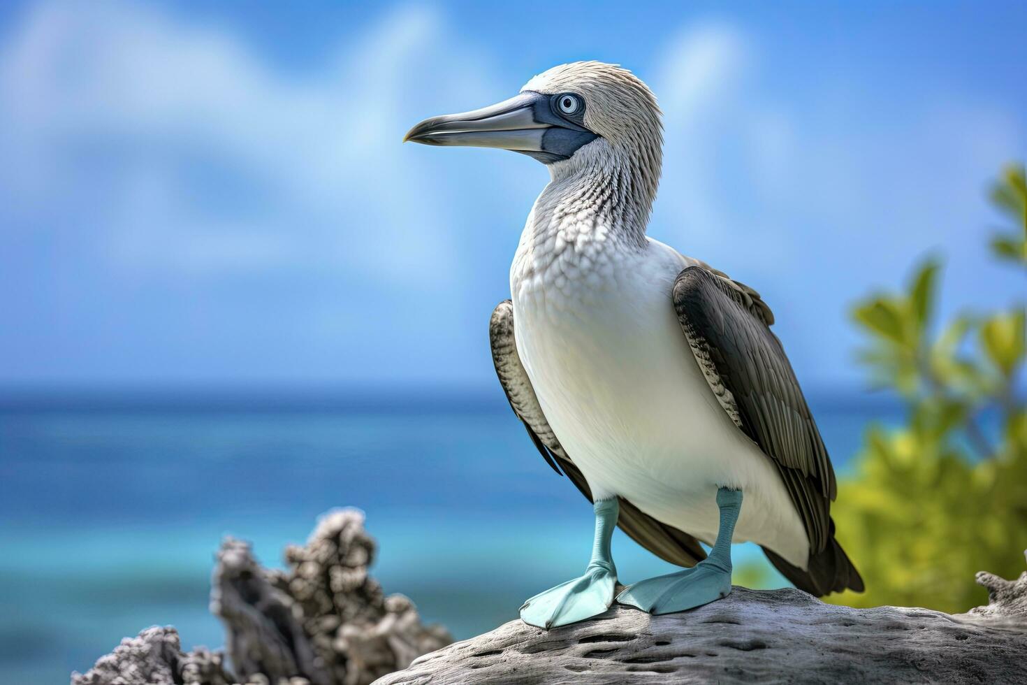 ai generato il raro dai piedi azzurri tonto riposa su il spiaggia. ai generato foto