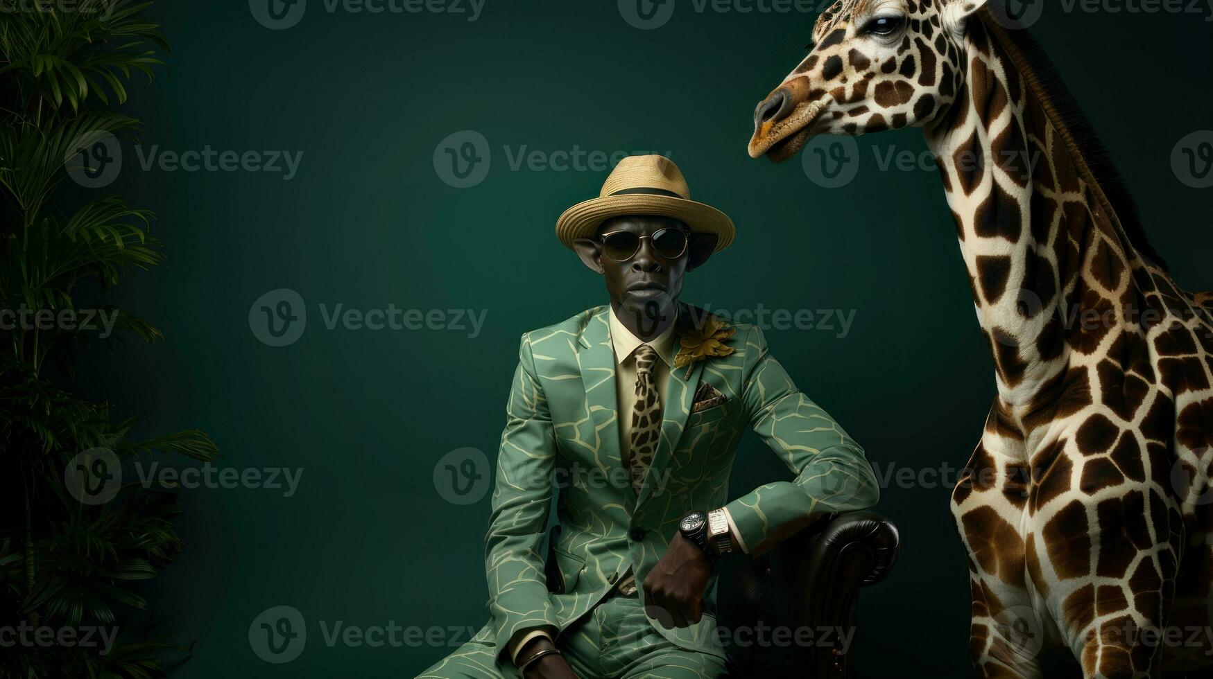 ai generato giraffa e africano moda uomo nel un' verde completo da uomo e un' cappello si siede nel un poltrona. foto