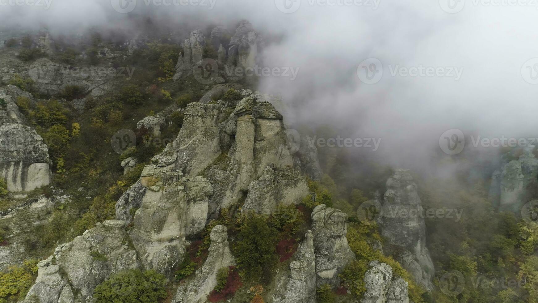 superiore Visualizza su sollievo di rocce autunno nel nebbia. sparo. Visualizza di roccia formazioni di montagna con colorato asciutto erba e arbusti su nebbia sfondo foto