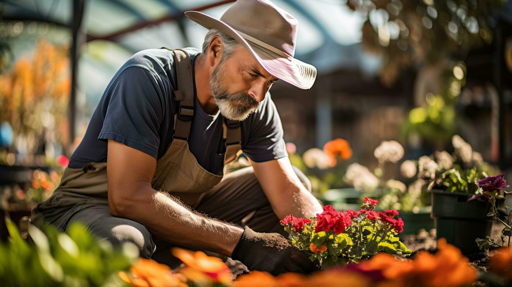 ai generato privato giardiniere mantenimento vivere fiore letti a un' giardino centro. generativo ai foto