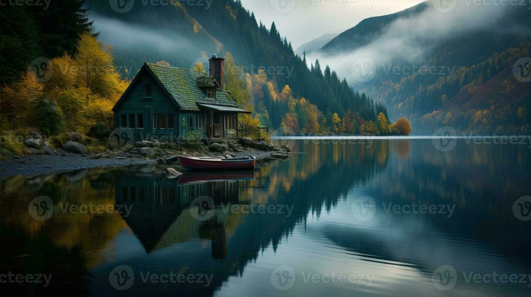 ai generato tranquillo, calmo Villetta nel bosco di il lago. generativo ai foto