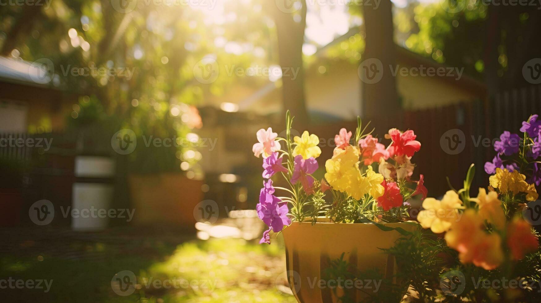 ai generato magnifico Visualizza di fiori nel il giardino sotto il mattina sole. generativo ai foto