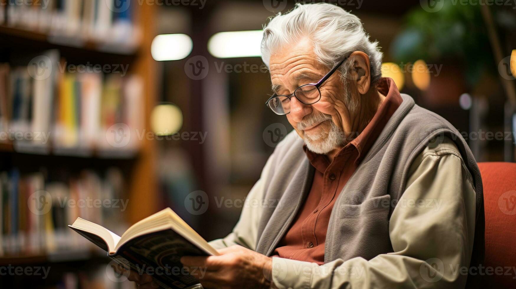 ai generato un' pensionato uomo nel il biblioteca è lettura un' libro intensamente nel un' silenzioso angolo. generativo ai foto