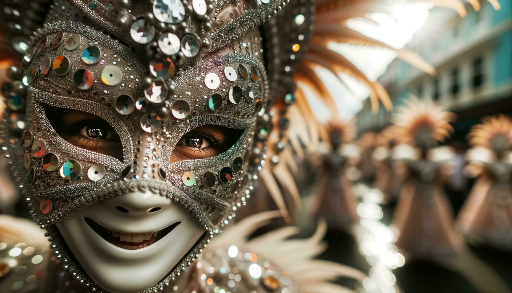 ai generato avvicinamento mascherato interpreti a un' vivere carnevale cerimonia. generativo ai foto