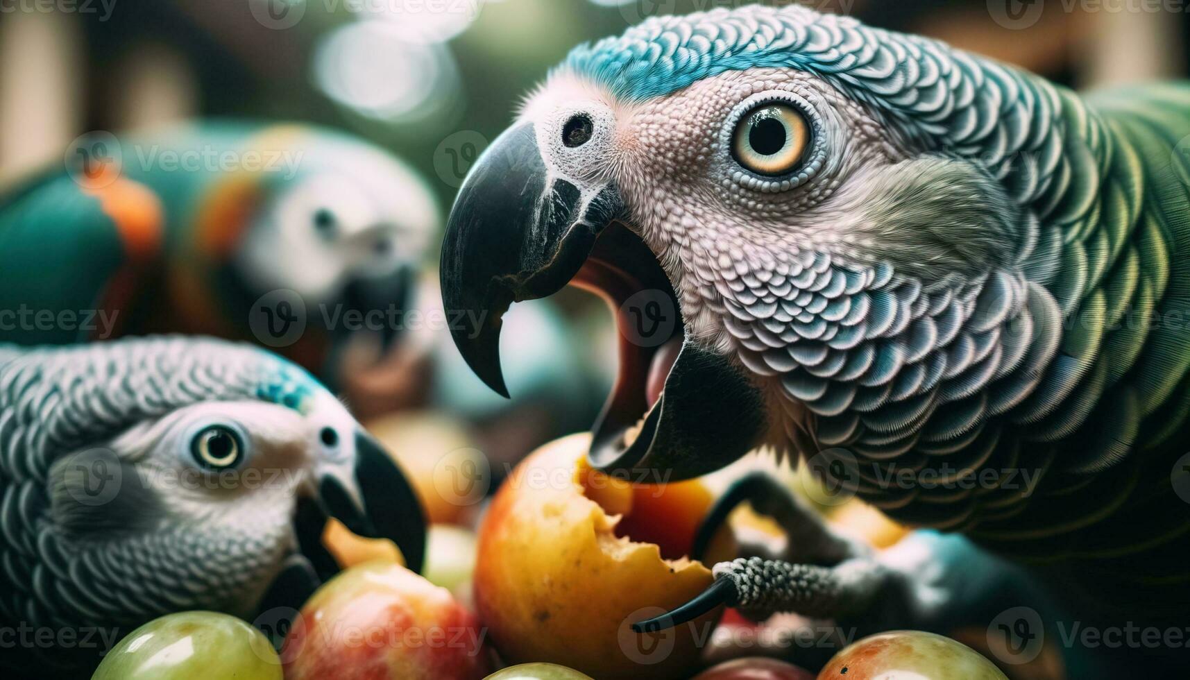 ai generato colorato pappagalli scherzosamente litigare al di sopra di un' frutta. generativo ai foto