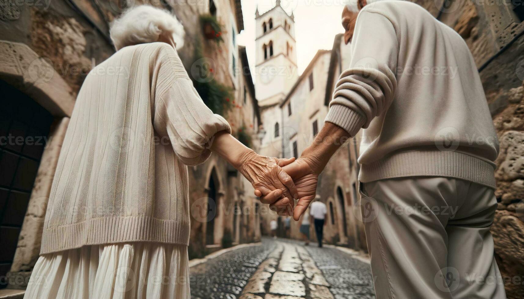 ai generato vecchio coppia a piedi Tenere mani su un' storico strada. generativo ai foto