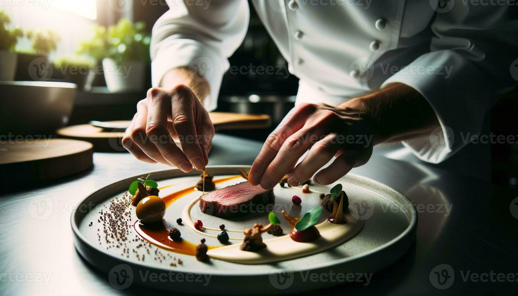 ai generato un' capocuoco meticolosamente prepara un' buongustaio pasto. generativo ai foto