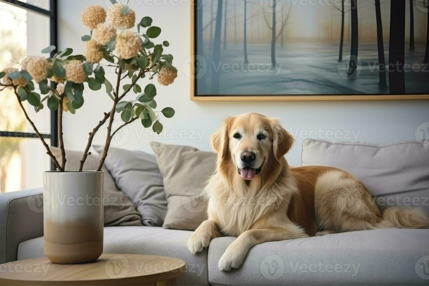 ai generato animale domestico su divano, moderno vivente camera interno, carino cane vicino divano, ai generativo foto