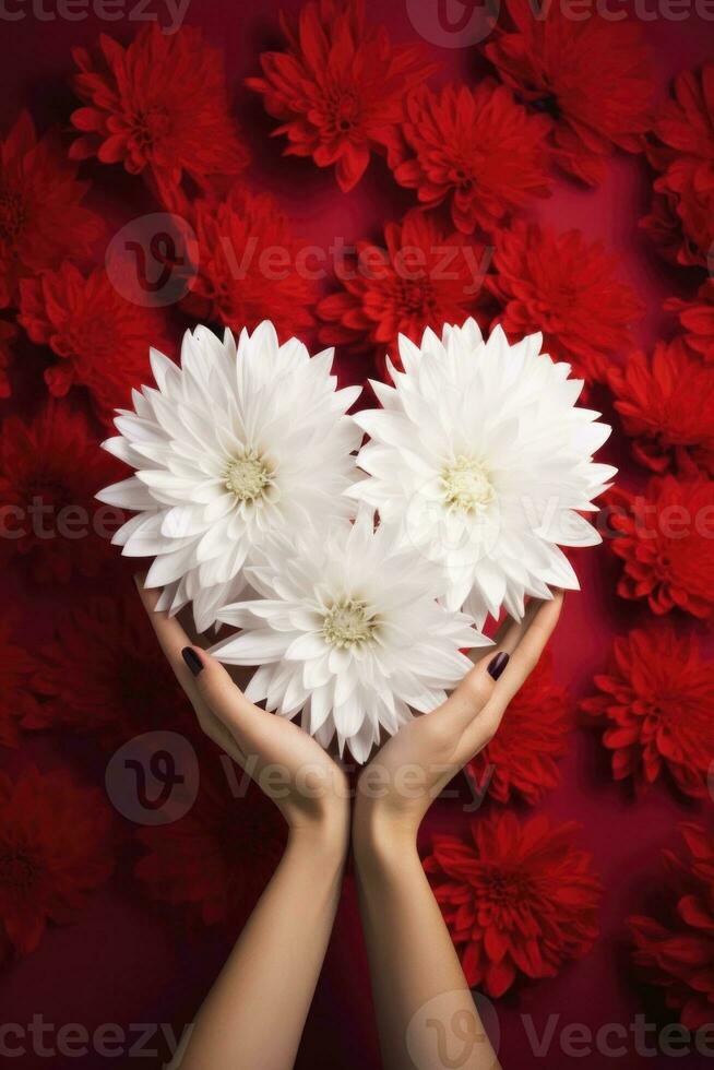 ai generato dolce mani hold un etereo, vuoto carta cuore, impostato contro un' fondale di vivace fiori foto