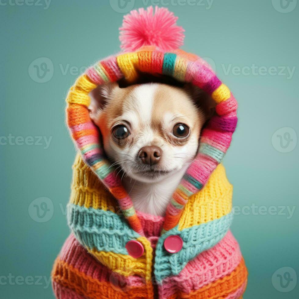 ai generato divertente chihuahua ritratto nel colorato a maglia Abiti ai generato foto