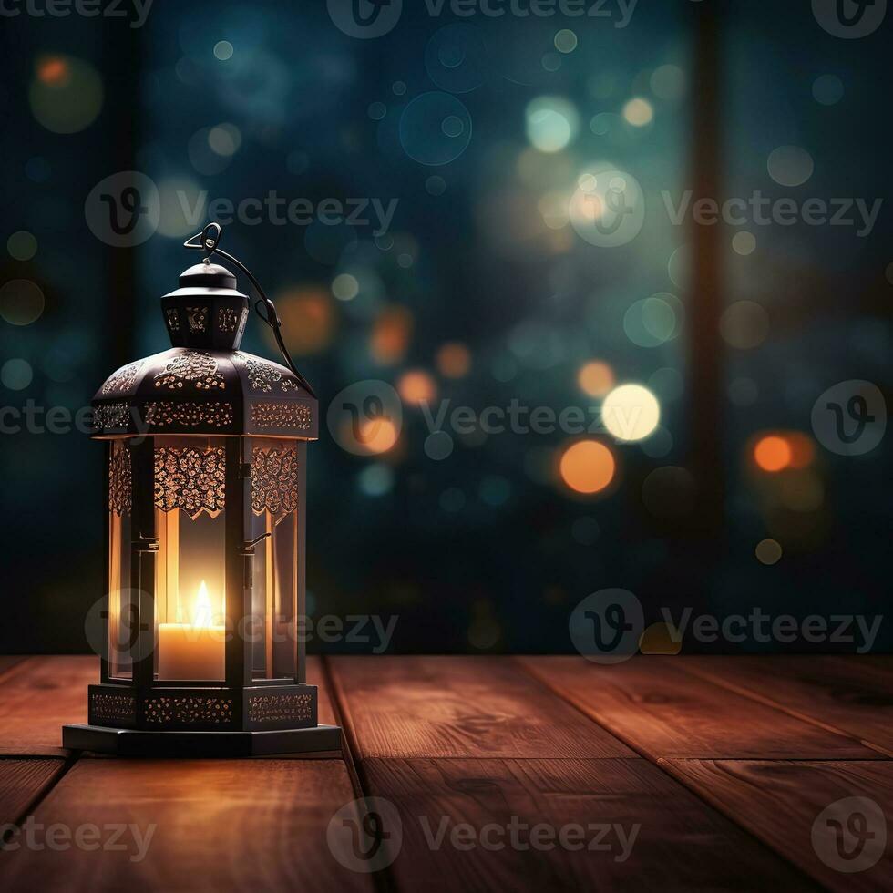 ai generato bellissimo ardente Arabo lanterna su di legno dietro a moschea sfondo, Ramadan foto