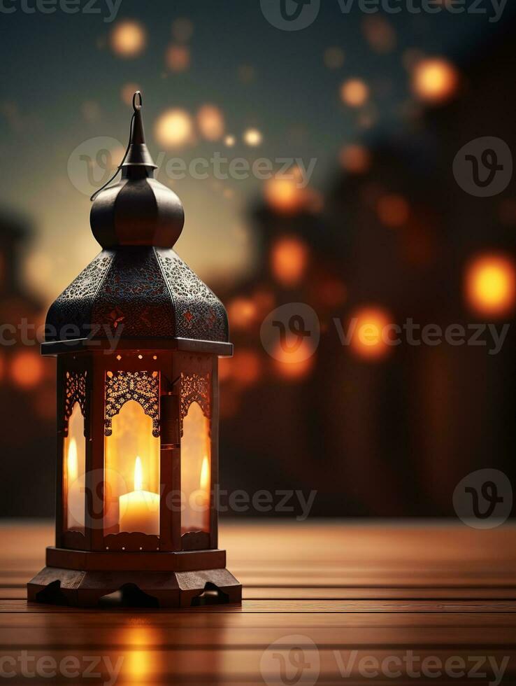 ai generato bellissimo ardente Arabo lanterna su di legno tavolo, Ramadan sfondo con copia spazio per testo foto